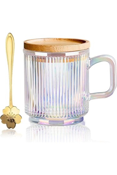 Yalucky Clear Iridescent Coffee Mug with Lid and Sakura Spoon Tea Cups Glass Mugs Pretty Cute Mug f