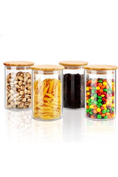 RRONG Glass Storage Jar with Bamboo Lids,Set of 4,Kitchen Food Storage Containers,Glass Cereals Can