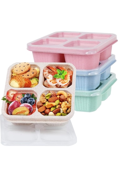 RCCO 4 Pack Bento Snack Containers Set, Reusable Bento Boxes Kids with 4 Compartments, Wheat Straw