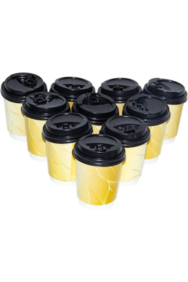 Rosy.Moment Decorative Disposable Heavy Duty Paper Cup 12 ounce, 10 Pieces With Lid for Hot &amp; Cold