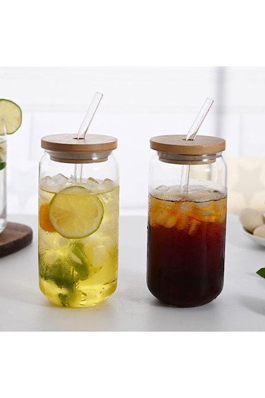 LIFKOME 2pcs Straw Glass Mason Jar Cups Coffee Cups Old Fashioned Glasses Tea Cups Glassware Mason