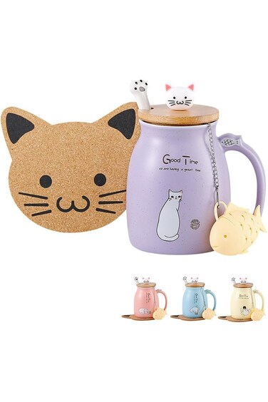 BigNoseDeer Kawaii Tea Cup Cute Cat Mug Purple Gifts for Women Christmas Gifts Ceramic Coffee Mug T