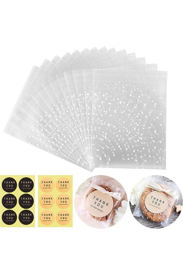 Self Adhesive Cookie Bags Cellophane Treat Bags, Searik White Polka Dot Plastic Pastry Bags with Th