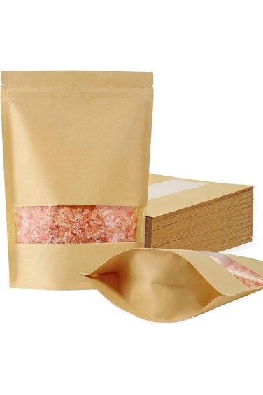 Azonee 50 Pcs Kraft Paper Bags with Window, Stand Up Pouches Bags, Zip Lock Food Storage Bags for P