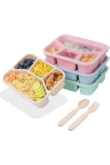 SupWolf Meal Prep Containers Reusable - 4 Pack Bento Lunch Box, 4-Compartment Snackle Box for Schoo
