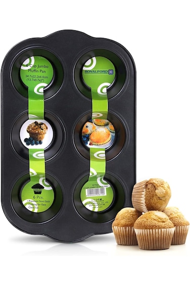 Royalford Black 6 Cup Jumbo Muffin Pan, Rf7043,Aluminum