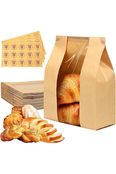 أكياس خبز ورقية من YelaJoy، 60 قطعة، بنافذة شفافة، أكياس خبز كرافت محمصة مع ملصقات ختم