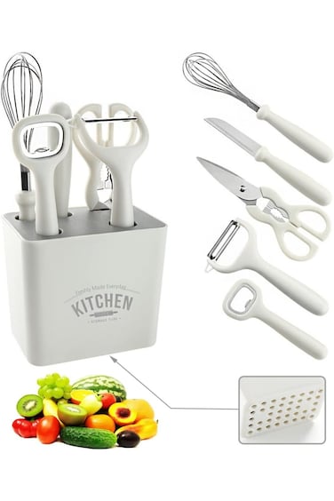 Azonee 6 Piece Kitchen Peeler Set with Bottle Opener, Stirrer, Fruit Knife, Scissors, Storage Base,