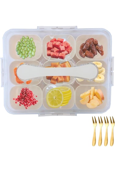 Divided serving tray with lid and handle,Snack box container with lids,Portable Veggie Fruit contai