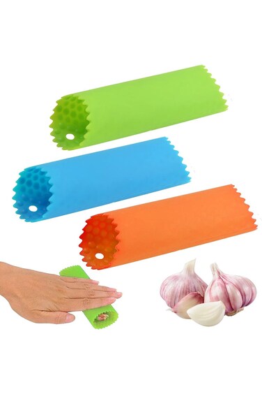 YOUYIKE 3-Piece Silicone Garlic Peeler, Roller, Peeling Gadgets - Blue, Orange, Green