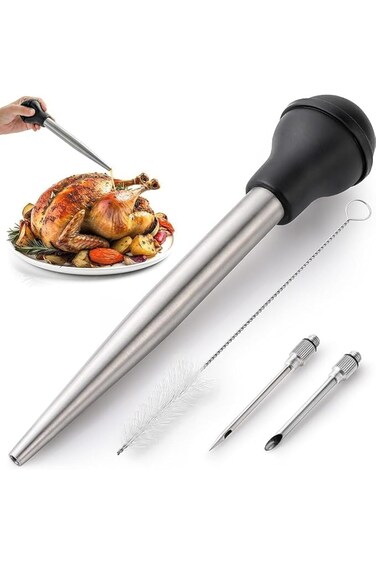 Paporich 304 Stainless Steel Turkey Seasoning Pump，Metal Turkey Baster Syringe &amp; Silicone Suction B