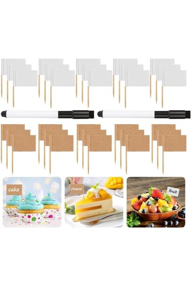 200 قطعة من أعلام أعواد الأسنان الصغيرة الفارغة من NALACAL، ملصقات أعلام الطعام للحفلات، أعلام طعام فارغة مع قلمين F