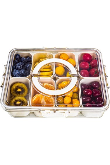 صينية تقديم مقسمة بمقبض، صندوق وجبات خفيفة مكون من 8 أقسام للحلوى والمكسرات والبسكويت والفواكه والوجبات الخفيفة