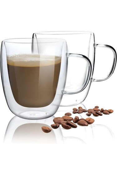 Double Walled Glass Coffee Mugs Set of 2, Clear Insulated Coffee Cup with Handle for Espresso Cappu