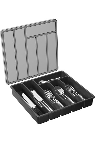 Lifewit Silverware Organizer with Lid, Covered Utensil Tray for Kitchen Drawer and Countertop, Plas