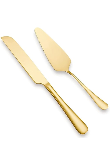 Paporich 2 Pcs Cake Knife Set, Gold Cake Knife Server, Stainless Steel Cake Knife, Easy to Clean, w