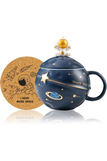 كوب رائد فضاء كاواي منقوش عليه كوكب فضائي، كوب قهوة خزفي لطيف، كوب مبتكر مع غطاء وغطاء