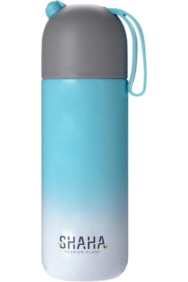 زجاجة شاها المفرغة من الفولاذ المقاوم للصدأ بمقبض سيليكون، 300 مل، أزرق