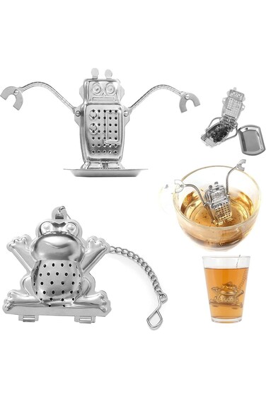 مصفاة شاي GNAFOTU [عبوة واحدة + عبوة واحدة]، مصفاة شاي من الفولاذ المقاوم للصدأ على شكل روبوت لطيف وضفدع، مصفاة شاي قابلة لإعادة التدوير