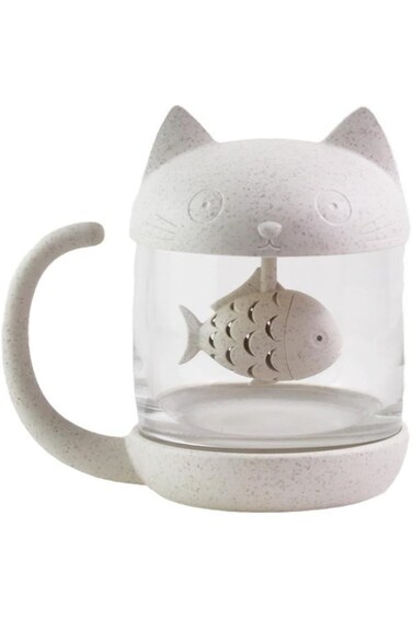 Tazweeq Cute Cat Glass Cup Tea Mug With Fish Tea Infuser Strainer Filter, 250ml Eco-Friendly Novelt
