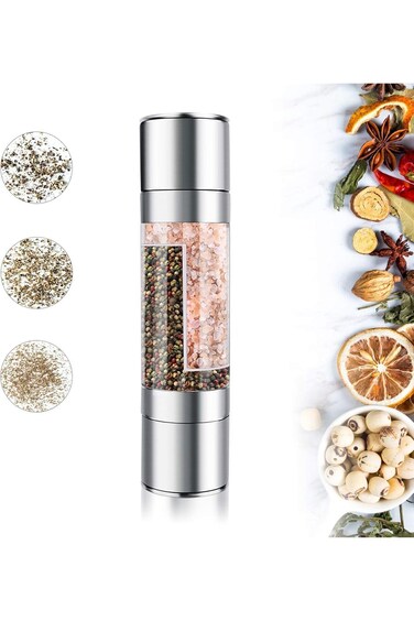 Sumkyle Salt and Pepper Grinder, 2 in 1 Manual Stainless Steel Salt Pepper Mill Herb Spice Grinder