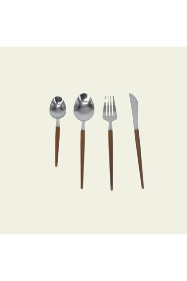 طقم أدوات مائدة من 16 قطعة - سكاكين، شوك، ملاعق كبيرة، وملاعق شاي - فضي/خشبي