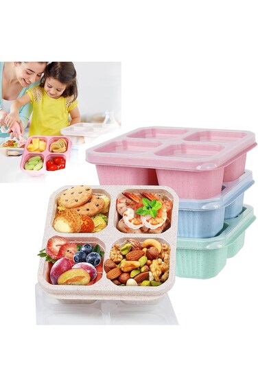 BIGTHREE&reg; 4 Pack Bento Snack Containers Set, 4 Compartment Snack Bento Boxes with Clear Lids Wheat