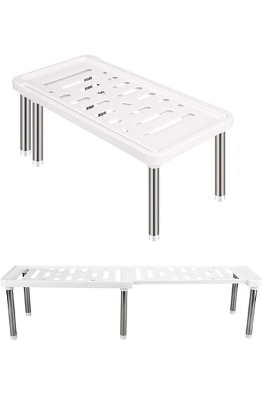 Expandable Kitchen Storage Shelf Organizer (White) - Spice Rack Cabinet Organization, Shelves for K