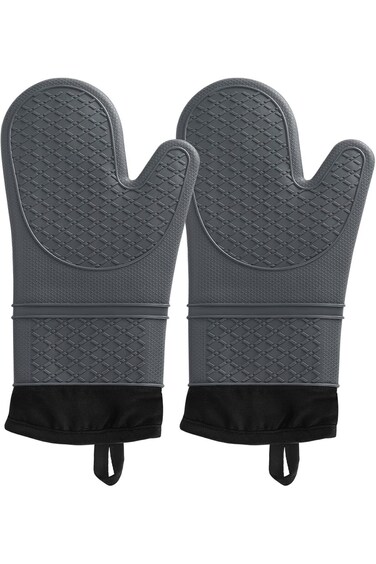 قفازات فرن TRASSLE مقاومة للحرارة - قطعتان من قفازات الفرن المصنوعة من السيليكون باللون الأسود، بمقبض غير قابل للانزلاق، F