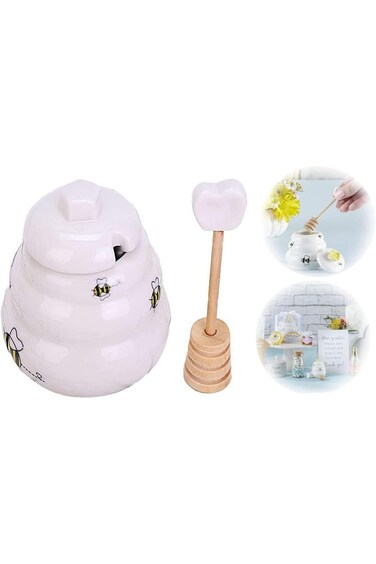SYOSI Cute Ceramic Honey Pot with Lid &amp; Wooden Dipper, Porcelain Bee Honey Jar for Kitchen Storage,