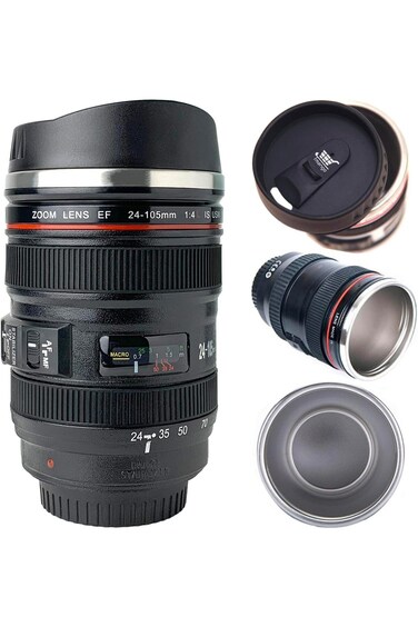 كوب قهوة من Tmango بتصميم عدسة كاميرا مع غطاء قابل للسحب، كوب كاميرا من الفولاذ المقاوم للصدأ، هدايا للمصورين