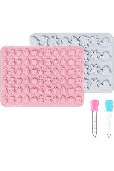 Lonimia 2 Pcs Gumdrop Molds with 2 Droppers, Cavities Silicone Animal Fruit Gummy Mold Candy Mold C