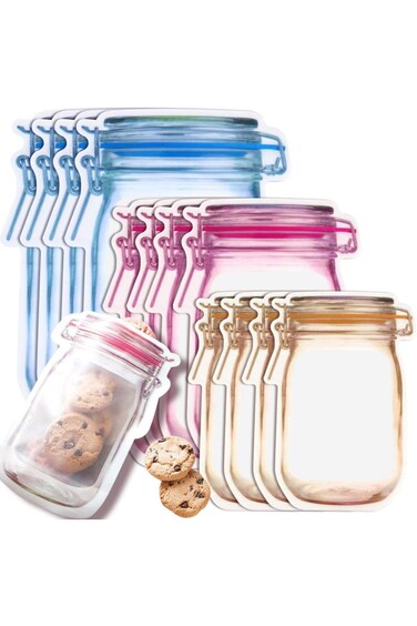 30 PCS Multi-Size Mason Jar Bottle Pattern Zipper Bags,Reusable Airtight Seal Leak-Proof Portable F