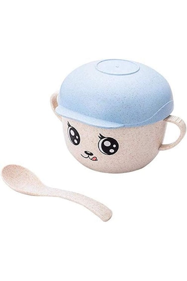 Shallow wheat straw bowl with lid and spoon, blue - bd-ws-12