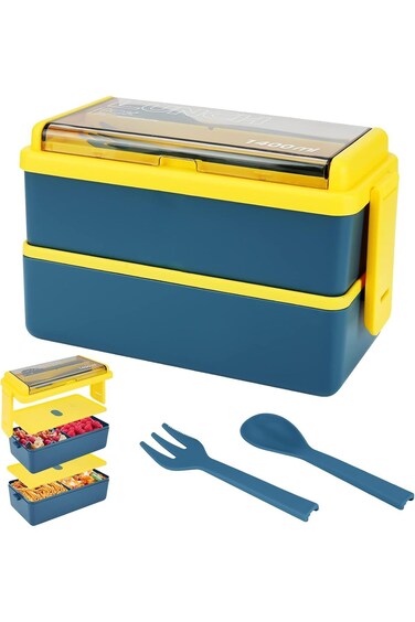 Lunch Box - 2 Layer Lunch Box with Spoon Fork, Meal Container Box (Blue)