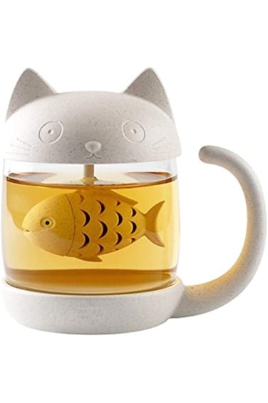 Cute Cat Mug Glass Tea Mug Cup with Fish Tea Infuser Strainer Filter, Kawaii Funny Cool Personalise