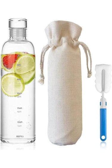 TRASSLE 750ml Glass Water Bottle with Time Marker, Reusable Glass Beverage Bottle Milk Bottle Juice