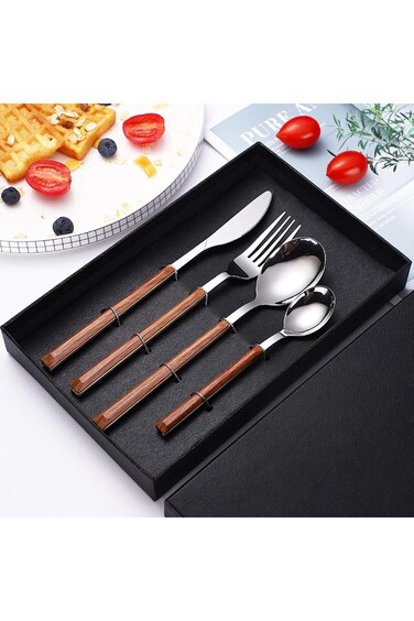 VAODO Stainless Steel Cutlery Set of 4, Wooden Handle, Insulated and Anti-scald, Including Knife, F