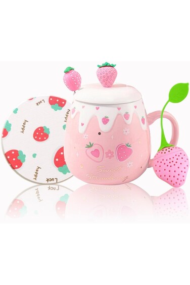 Cute Strawberry Mugs Pink Coffee Mug Ceramic kawaii Cup Morning Tea Milk Fruit Mug with Lovely Lid