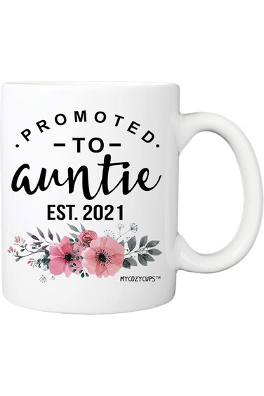 MyCozyCups Promoted To Auntie 2021 Coffee Mug - 11oz Cup Baby Reveal For New Aunts, In laws, Best F