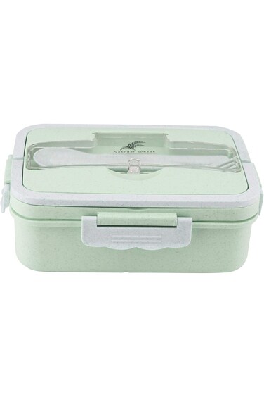 Shallow Bd-Ws-16(Green) Wheat Straw Lunchbox With Spoon &amp; Fork- Green