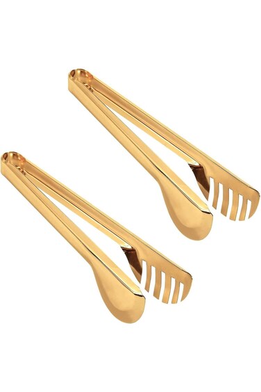 IAXSEE 2-Pack Stainless Steel Gold Salad Tongs, Non-slip &amp; Easy Grip Smart Locking Clip Handy Utens