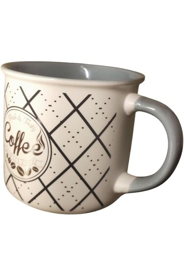 Vintage Style Ceramic Coffee Mug, White with Geometric Pattern, Large Handle