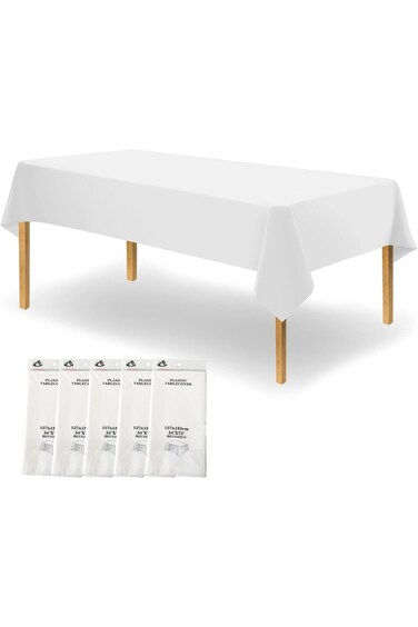 ALMEKAQUZ Plastic White Tablecloth, 137 x 183CM Disposable Tablecloth, 100% Waterproof Table Cover,