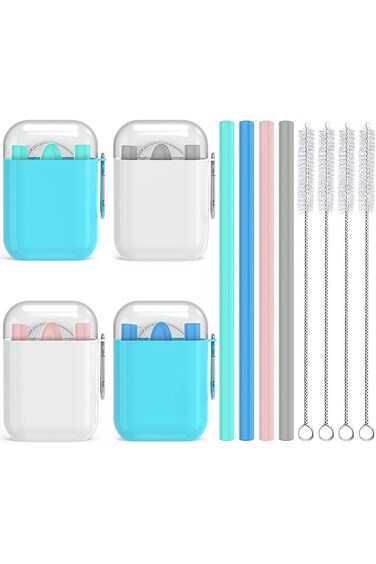 SYOSI Reusable Straws with Case, 4 Packs Convenient Travel Bottle Silicone Drinking Straws for Milk