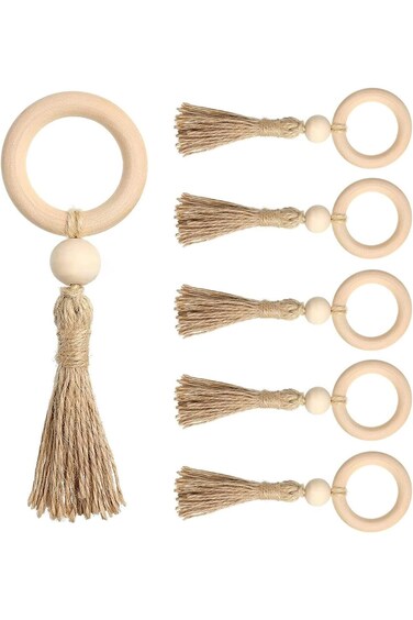 Khazna Fall Napkin Rings Set of 6 Farmhouse Napkin Ring Holders with Tassels Handmade Rustic Napkin