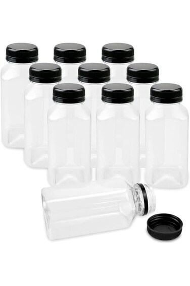 Plastic Juice Bottles 8 oz [ 250 ml ] with caps 12 pieces empty clear plastic bottles for Kids Empt