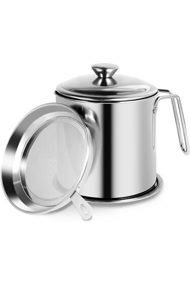 Stainless Steel Oil Filter Pot   Oil Storage Container with Fine Mesh Strainer and Dustproof Lid Su
