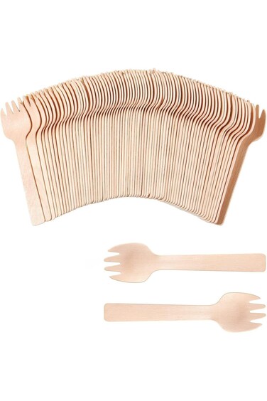 NALACAL 100 Mini Wooden Forks &ndash; Eco-Friendly Disposable Cutlery for Appetizers, Cakes, and Parties;
