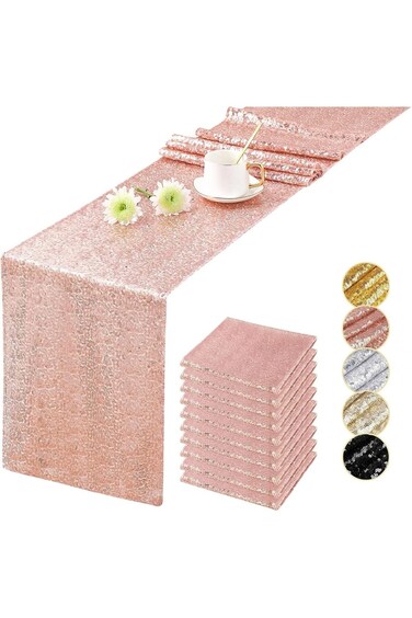مفارش طاولة من الذهب الوردي، زينة طاولات للحفلات، مفرش طاولة مزين بالترتر، لوازم حفلات عيد الميلاد اللامعة
